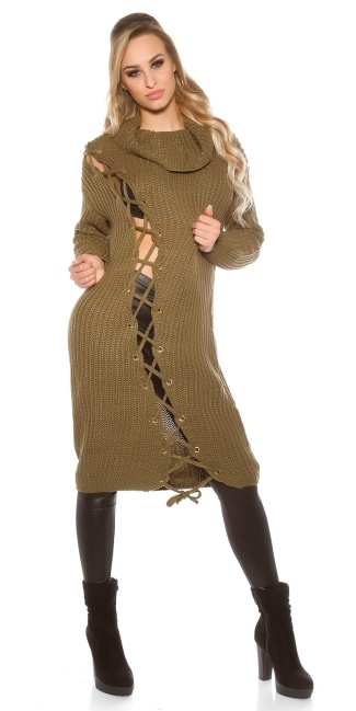 Trendy chunky knit dress with XL collar Khaki
